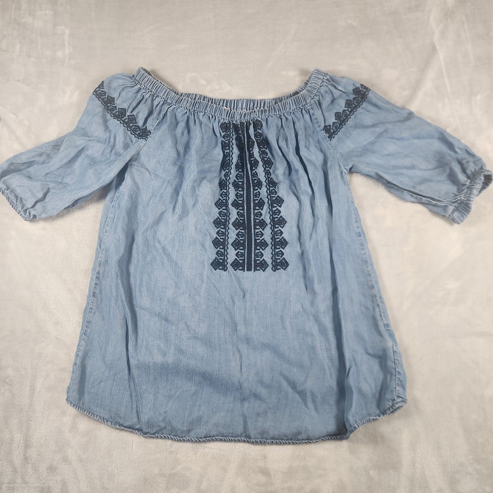 Beach Lunch Lounge Blue Chambray Embroidered Off Shoulder‎ L Peasant Boho Top